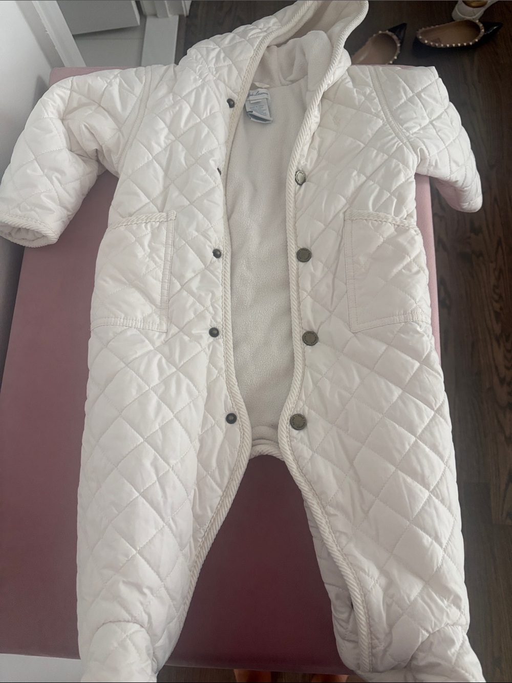 Ralph Lauren White Quilted Hooded Baby One-Piece Footie